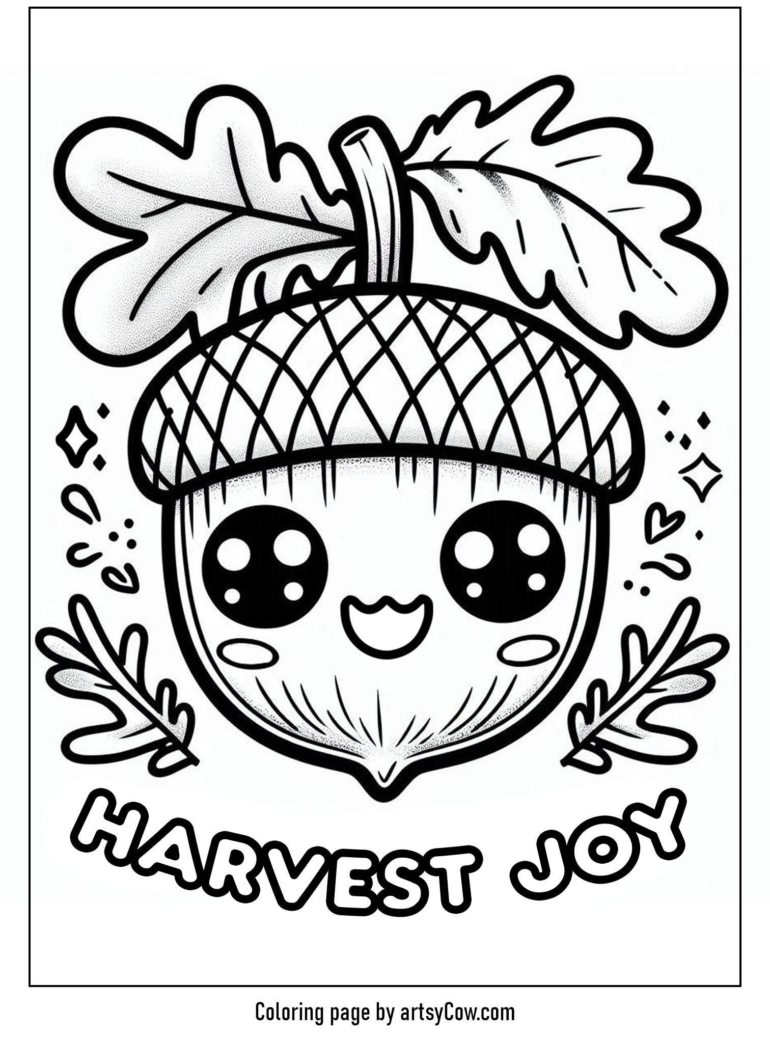 Thanksgiving coloring pages featuring a cheerful acorn with cute eyes and two oak leaves, surrounded by small decorative elements, with the words 'HARVEST JOY' underneath.